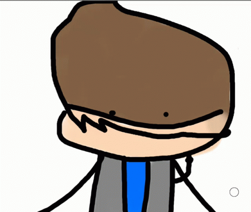 a cartoon drawing of a man with a blue tie and a brown head