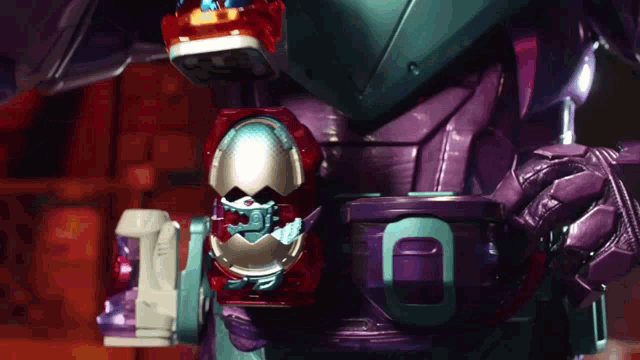 a purple robot is holding a toy that looks like a skull ..