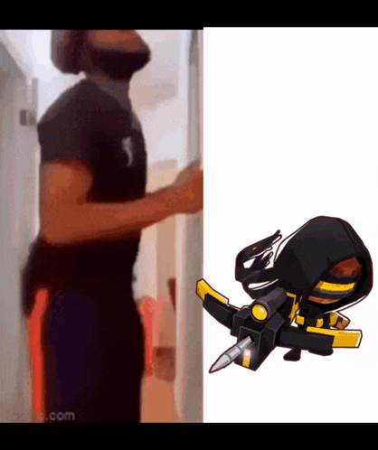 a man is standing next to a cartoon character with a crossbow