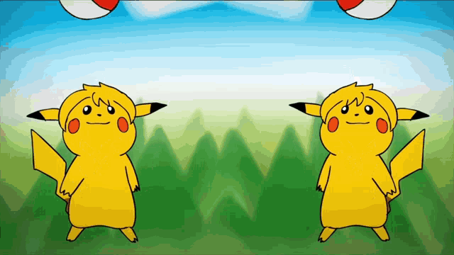two pikachu are standing next to each other in a cartoon