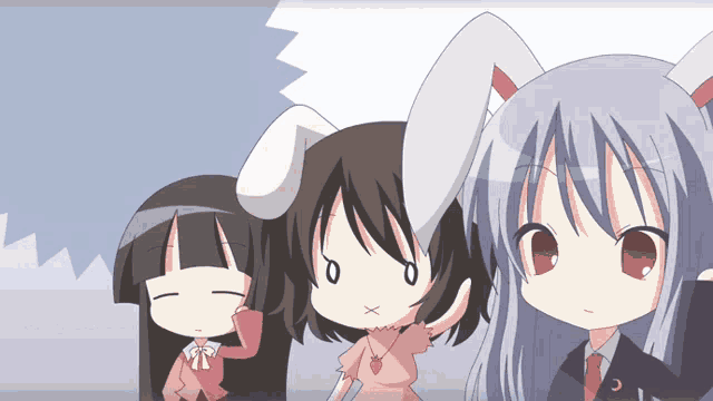 three anime girls are standing next to each other with one making a funny face