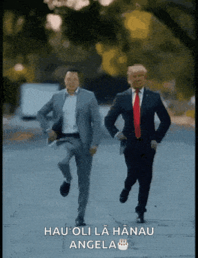 two men in suits and ties are running down a street with the words hau oli la hanau angela on the bottom