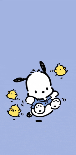 a cartoon drawing of a dog surrounded by ducks on a blue background