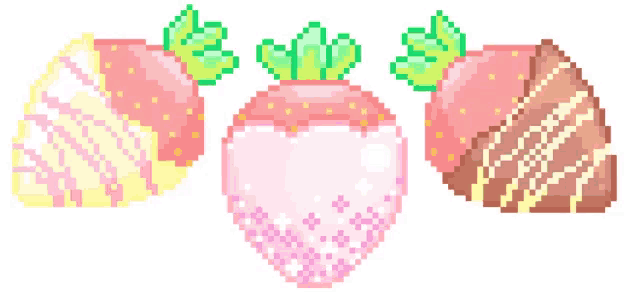three pixel art strawberries are lined up in a row