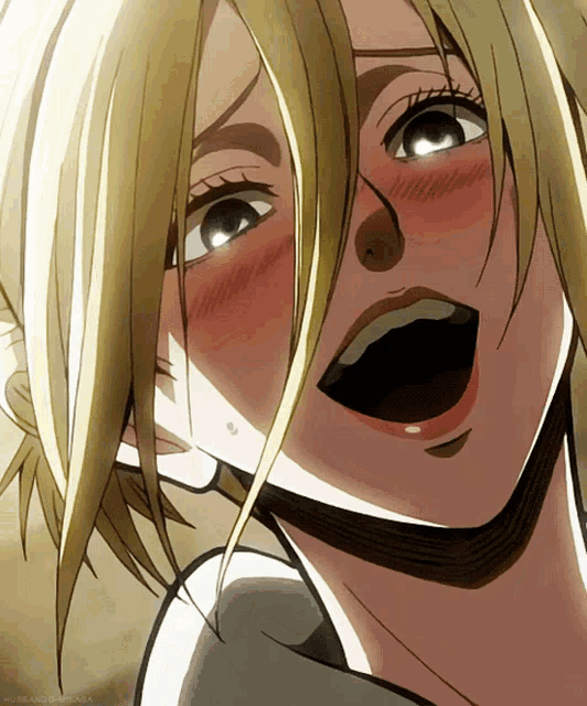 a close up of a woman 's face with her mouth open and a watermark that says ' fugaino ' on it