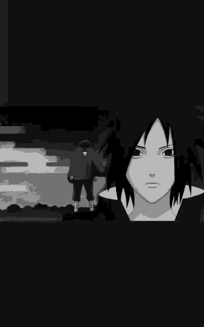 a black and white drawing of a naruto character standing next to another character .