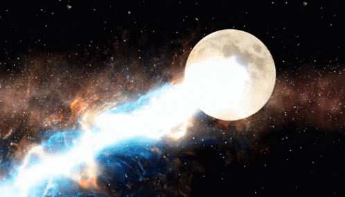 a full moon is surrounded by a galaxy and a jet of light
