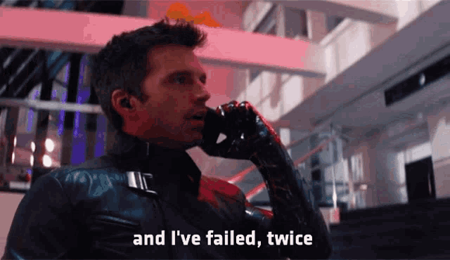 a man talking on a cell phone with the words " and i 've failed twice " above him
