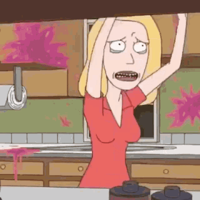 a cartoon woman is standing in a kitchen with her arms outstretched and a purple stain on the counter .