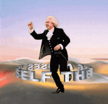a man in a suit is standing in front of the words self the