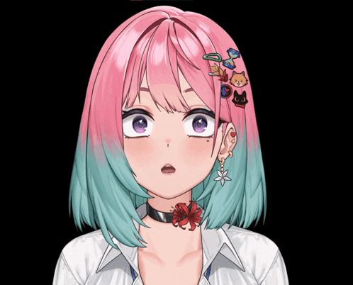 a girl with pink and green hair has a choker and earrings