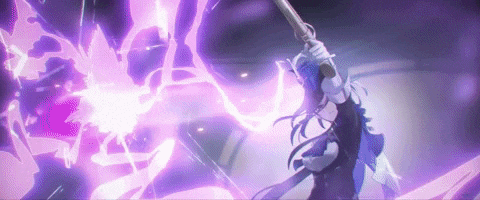 a woman is holding a sword in her hand in a dark room with purple lightning coming out of it .