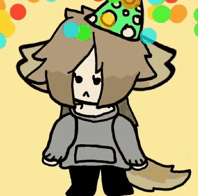 a cartoon character wearing a party hat and a hoodie