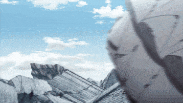 a cartoon scene with a blue sky and clouds