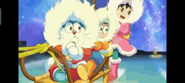 a group of cartoon characters are riding on a sled