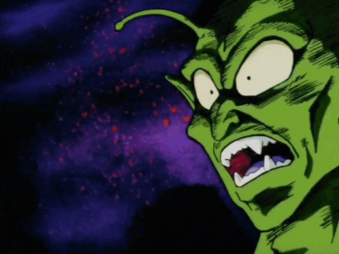 a cartoon drawing of a green monster with sharp teeth and a purple background