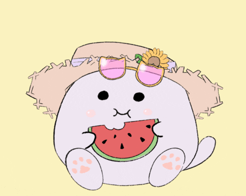 a cartoon character wearing a hat and sunglasses is eating a slice of watermelon