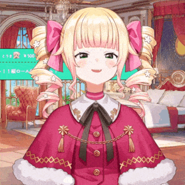 a girl with blonde hair and pink bows in her hair