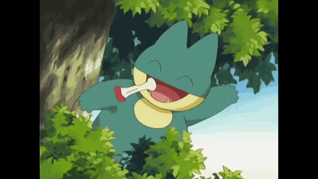 a cartoon pokemon is eating a bone in the woods