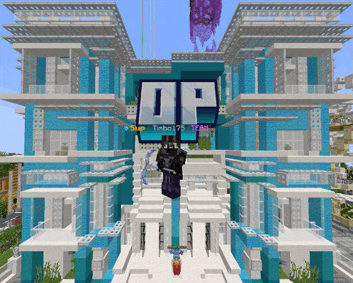 a minecraft screenshot of a building with the op logo on the top