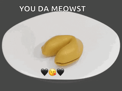 a fortune cookie on a white plate with the words you da meowst