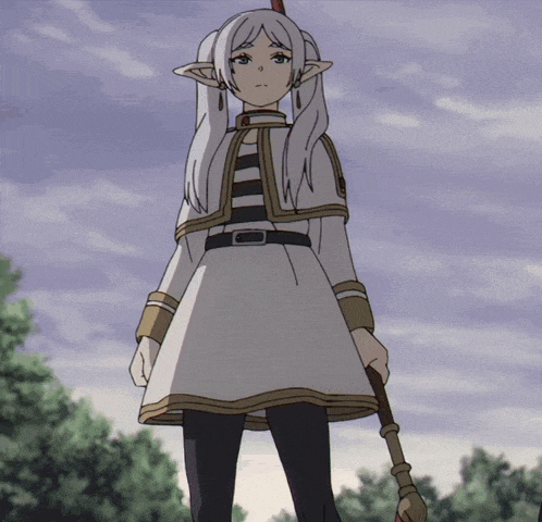a girl with white hair is holding a cane in her hand