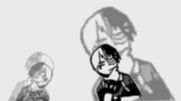 a black and white drawing of two people standing next to each other with a white background .