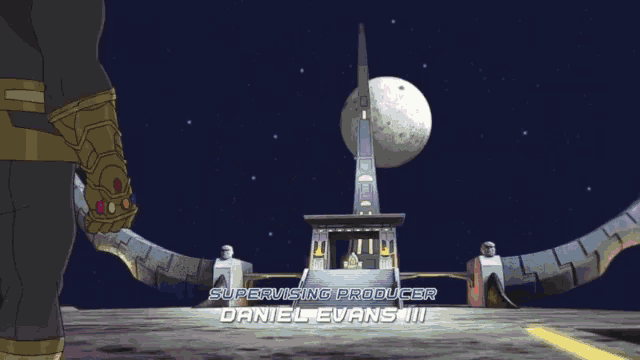 a cartoon drawing of a planet with a large white moon behind it