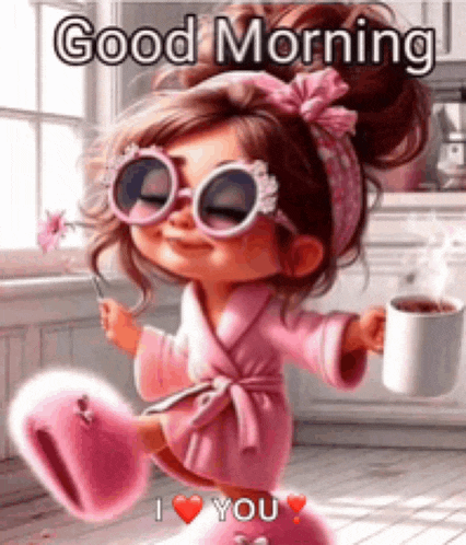 a cartoon girl in a pink robe is holding a cup of coffee and a flower .