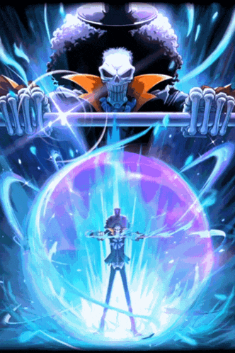 a man with a skull on his head is holding a barbell and a sword