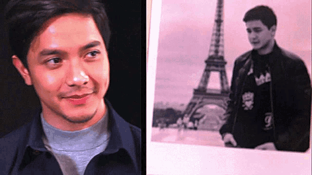 a picture of a man next to a picture of a man in front of the eiffel tower