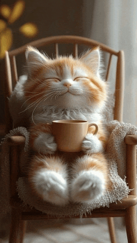 a kitten is sitting in a chair holding a cup of coffee with its eyes closed