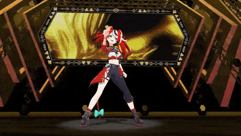 a girl with red hair is standing on a stage holding a microphone