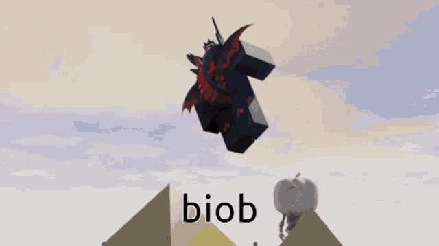 a cartoon character is flying over a pyramid and the word biob is on the bottom