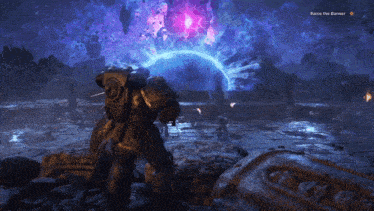 a video game screen shows a purple light and says " raise the banner " at the top