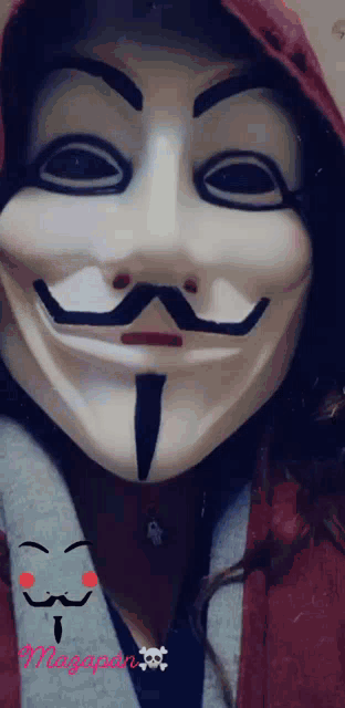 a woman wearing an anonymous mask with a mustache and a beard