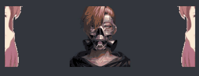 a man wearing a gas mask is surrounded by two pink girls