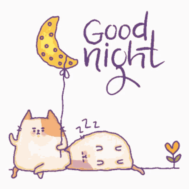 a drawing of a cat sleeping under a crescent moon with the words " good night " below it