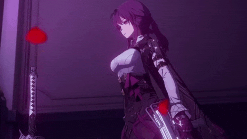 a purple background with a person holding a sword and a purple light coming out of it