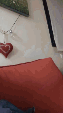 a red pillow sits next to a heart shaped ornament