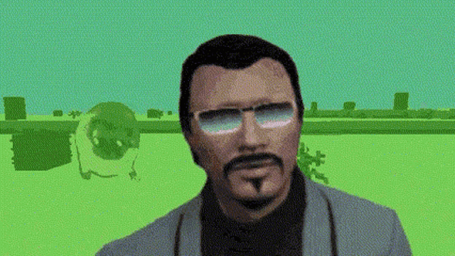 a man with glasses and a mustache is standing in front of a green field