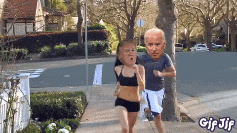 a gif of donald trump and joe biden running on the sidewalk