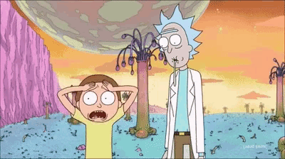 a cartoon of rick and morty standing next to each other in a landscape