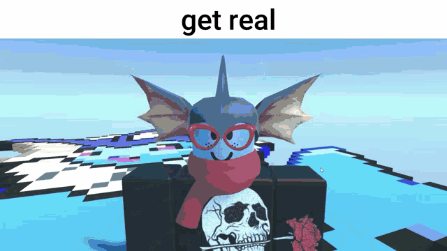 a cartoon character with a skull and the words get real on the bottom