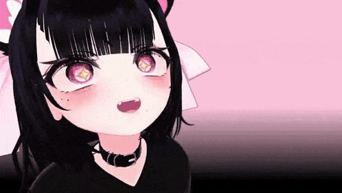 a girl with black hair and pink eyes is wearing a choker and a cat ear headband .