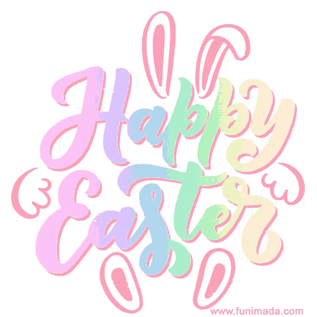 a colorful easter greeting card with bunny ears and the words happy easter