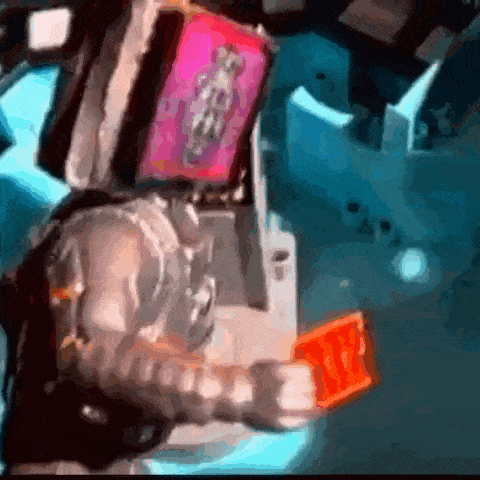 a cartoon drawing of a robot holding a red card with the letter i on it
