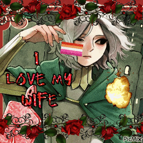 a drawing of a girl with a lesbian flag in her mouth and the words " i love my wife " on the bottom