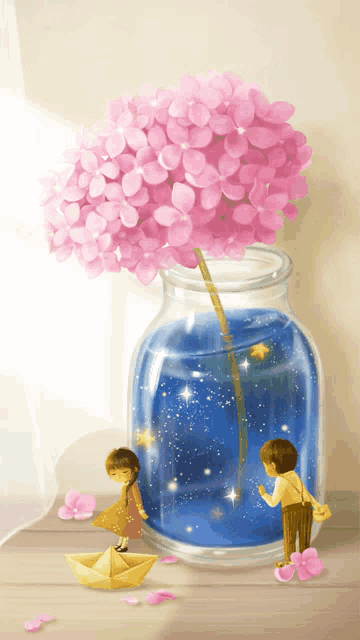 a boy and a girl are standing next to a vase with pink flowers in it