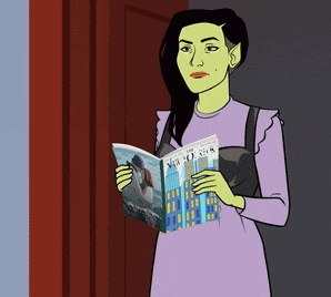 a woman in a purple dress is reading a magazine titled new yorker